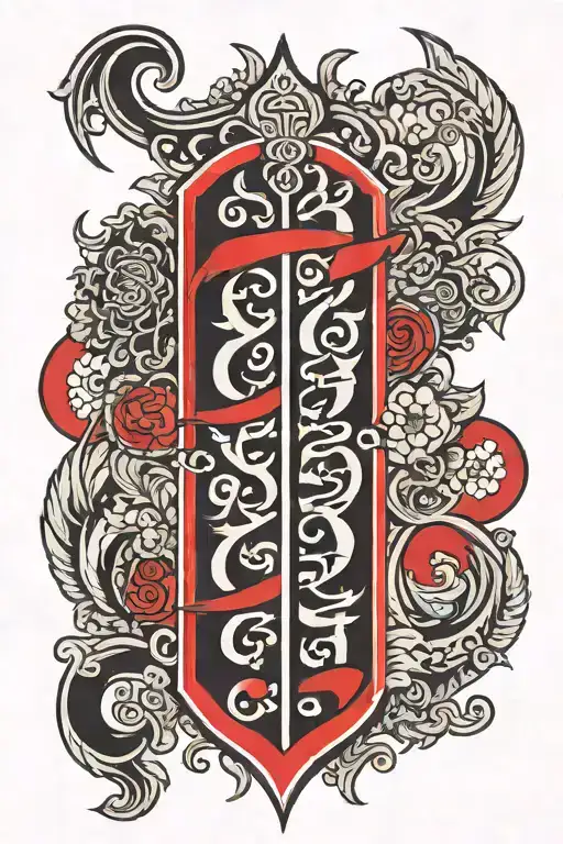 Red And Black Line Shin Tattoo Thai Lettering Vertical
