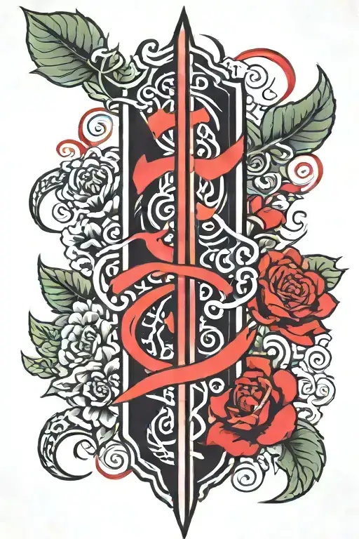 Red And Black Line Shin Tattoo Thai Lettering Vertical