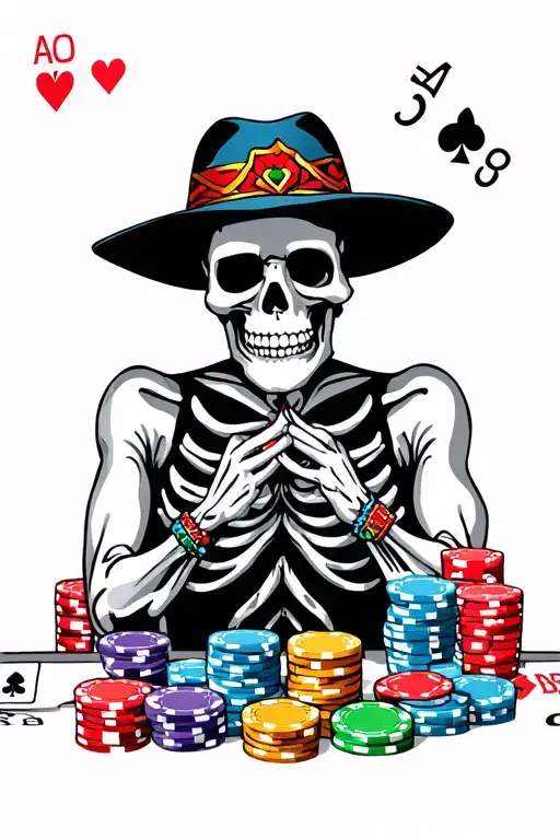 Chicano Skeleton Playing Dice With Poker Chips And Cards On Table