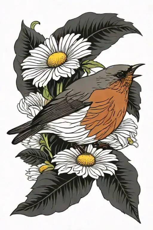 Bird Robin One Flower Daisy Fine Line