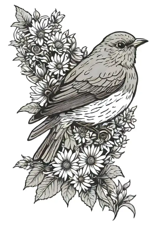Bird Robin One Flower Daisy Very Fine Line
