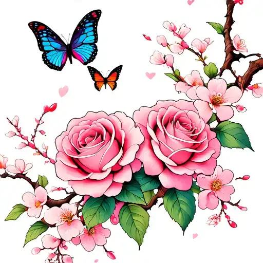 Cherry Blossom Tree Two Roses Butterflies