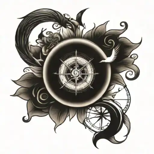 Number 14 In Compass With Yin Yang And Birds