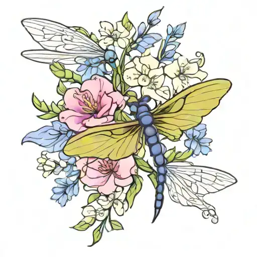 Sweet Pea Flower Larkspur Flower Intertwined With Dragonfly