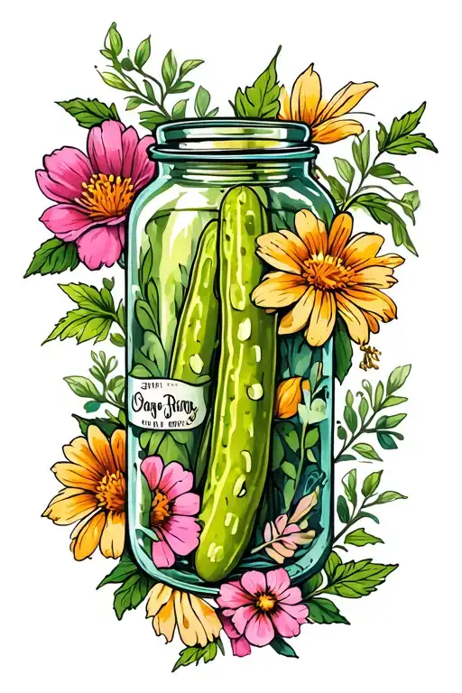 Pickle Jar And Flowers Surrounding