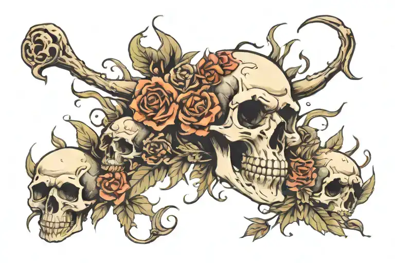 Skull Surrounded By Fire And A Skull Surrounded By Flowers