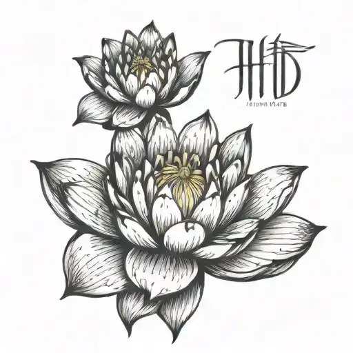 Black And White Tattoo Of A Water Lily With The Letters Hdt Hidden In The Petals