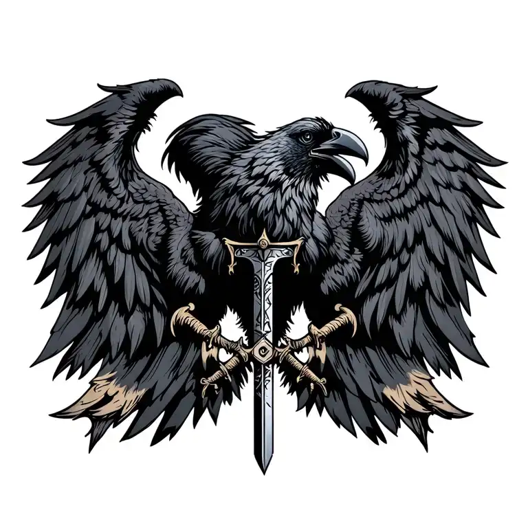 Gothic Norse Crow With Wings Spred Out Under Neck On Chest Add Dagger Down The Center