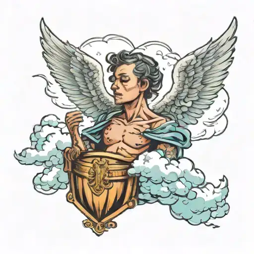 Chest Tattoo Of Clouds Floating And Some Baby Angel