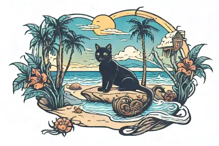 Beach Scene With Cat Silloute Full Color