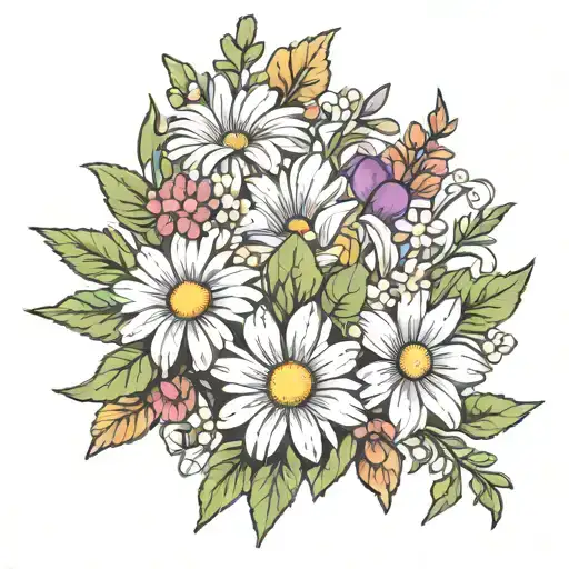 Daisy And Sweet Pea Flower Bouquet With A Single Holly Flower