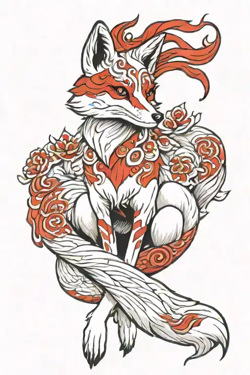 White And Red Kitsune Fox With Nine Tail