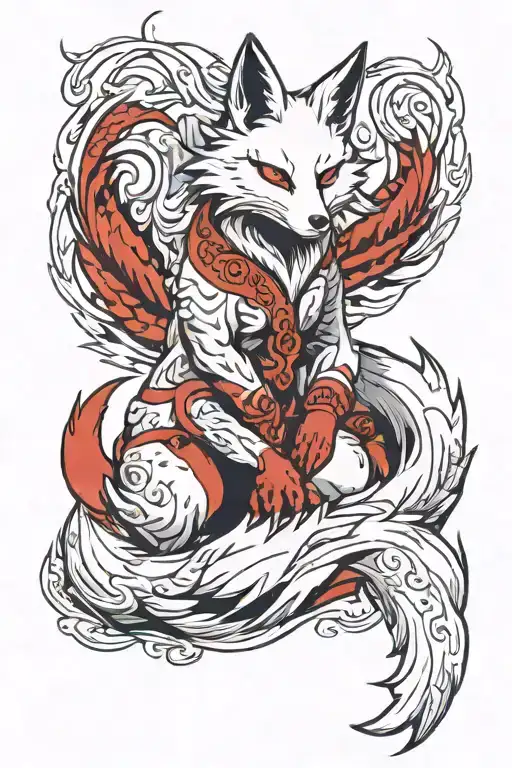 White And Red Kitsune Fox With Nine Tails