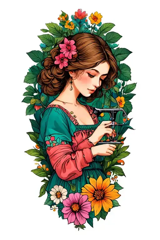 Sewing In The Garden Scene