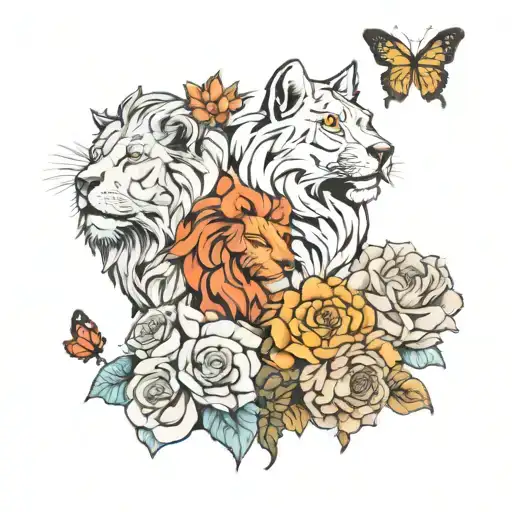 Flowers Lion Butterflies And Wolf Howling
