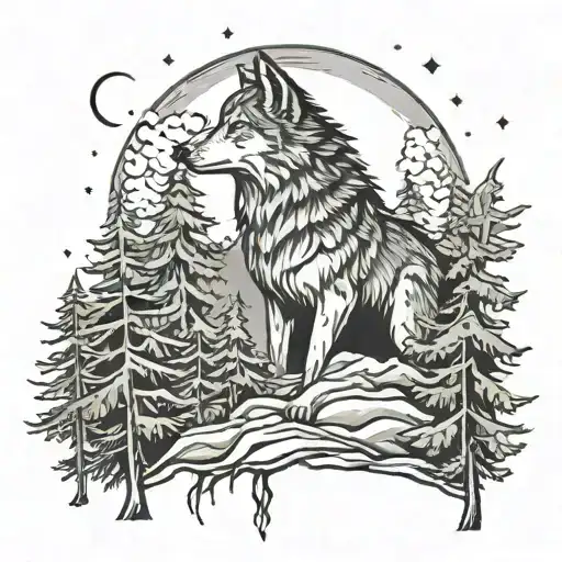 Wolf With Trees Below And Moon Background