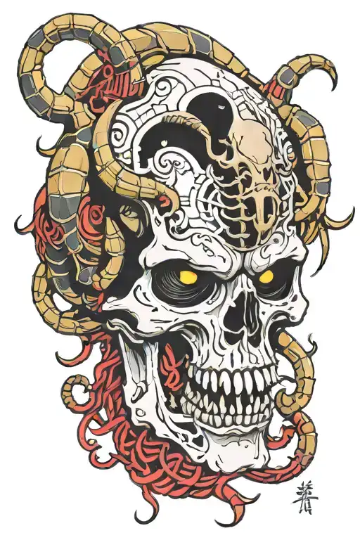 Scorpion Oni Skull With Japanese Matrix Like Writing Coming Down The Empty Spaces