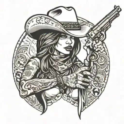 Cowgirl With Revolver And Bandana Mask Holding