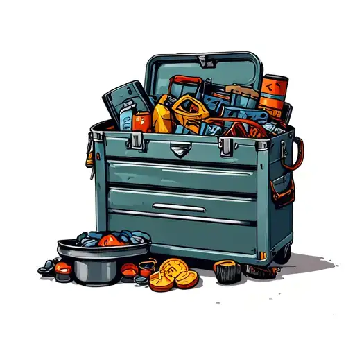 A Mechanic's Toolbox Overflowing With Camping Equipment And Fishing Gear
