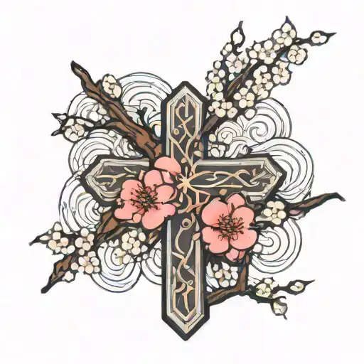 A Cross With Cherry Blossom Tree Behind It