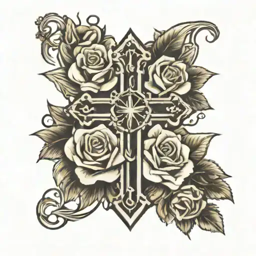 A Cross With Roses Pedals Completely Behind No Blank Spaces