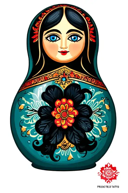 A Northern Matryoshka Doll With Blue Eyes And Black Hair