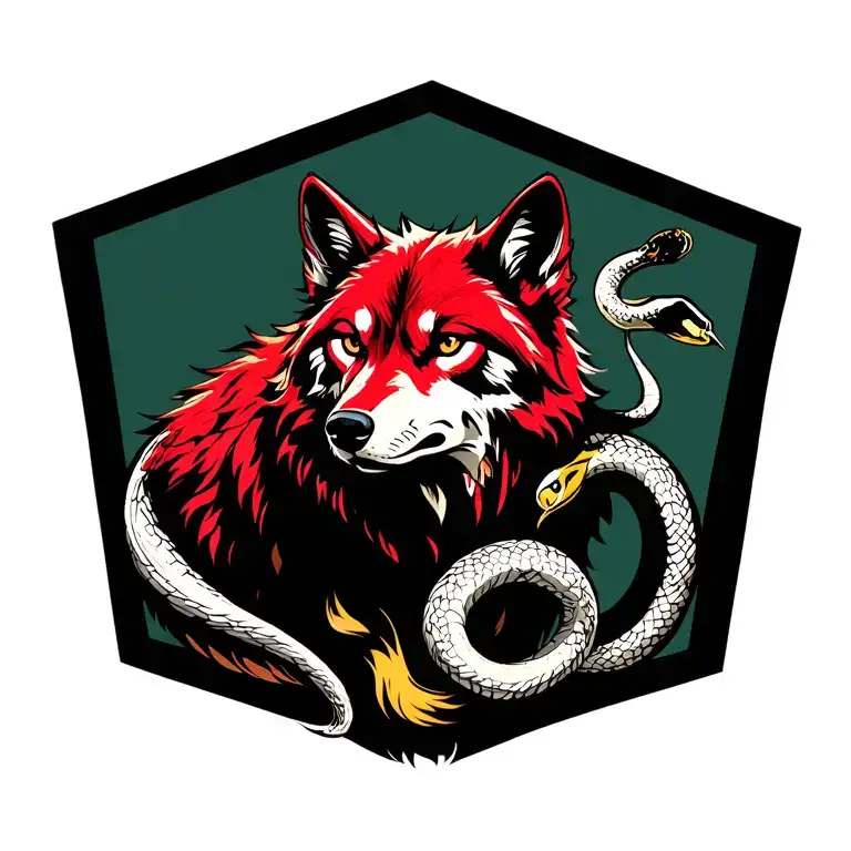 A Huge Red -Looking Red Wolf With A White Snake With Black And Yellowish Spots Rodeanod