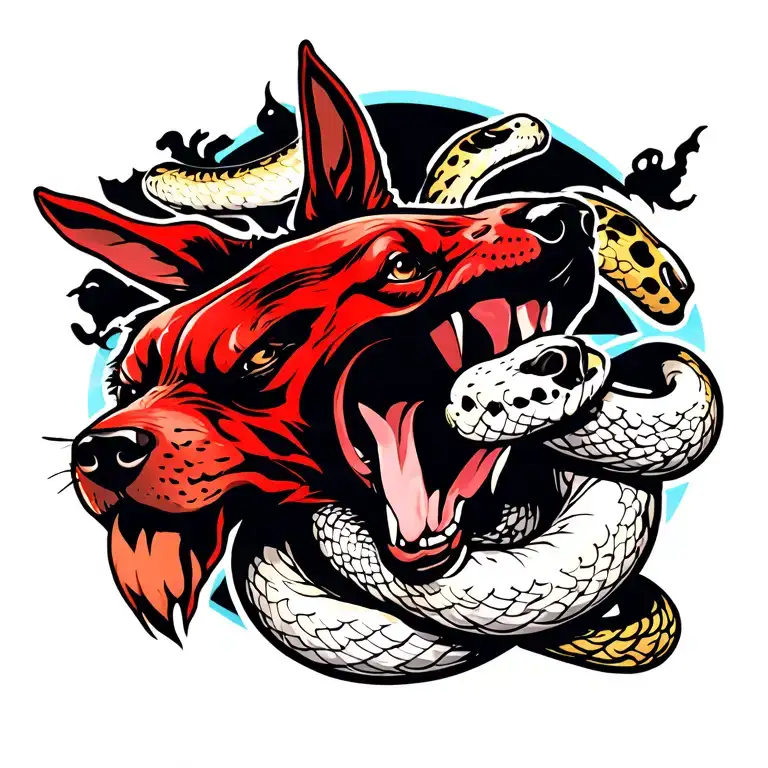 A Red Pastor Dog Growling With A White Snake With Black And Yellowish Spots Rodeanod His Neck