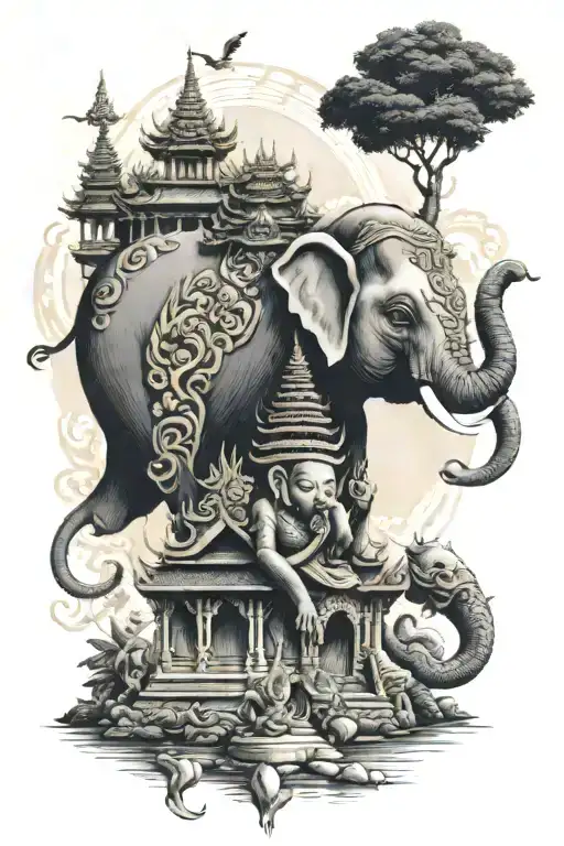 Thai Temple With Buddha And Elephant
