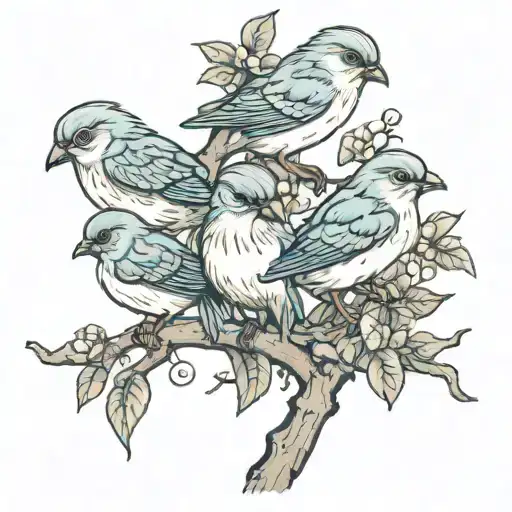 Mom Bird With 4 Baby Birds On A Tree Branch