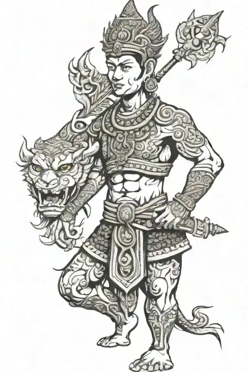 Thai Warrior Standing With Temple