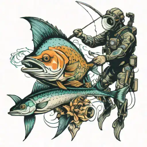 Diver With Fins Suit Goggles And Spearfish Catching A Fish
