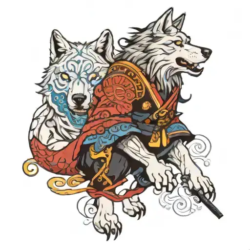 Wolf With Blue Eyes And A Samurai Standing Behind It