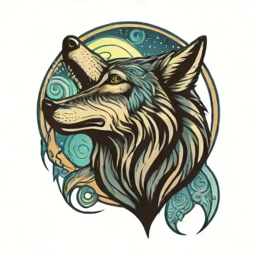 Tribal Wolf Howling At Moon With Northern Lights Background And Blue Rose's