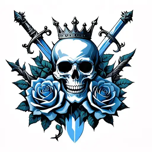 Skull Roses Thorns Sword Warpping Around Each Other And Crown On Top And All Blue Or Black