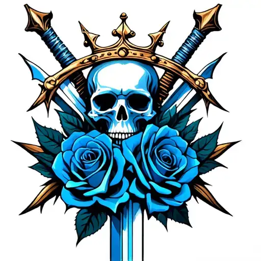 Skull Roses Thorns Sword Warpping Around Each Other And Crown On Top And All Blue Or Black