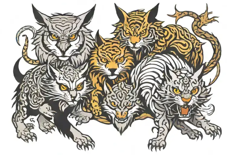 Owl Wolf Dragon Tiger Fighting