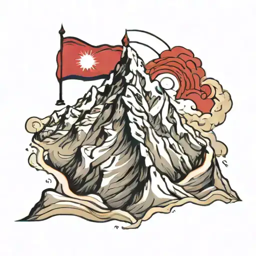 Nepali Flag On Top Of Mount Everest Landscape Created