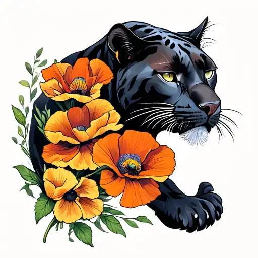 American Traditional Panther With California Poppies Incorporated