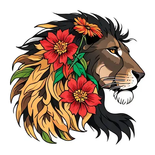 American Traditional Lion With Indian Paintbrush Intertwined