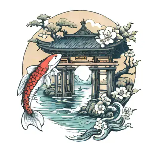 Japanese Moon Tori Gate Koi Fish