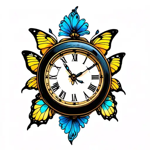 Yellow And Blue Butterfly With A Clock