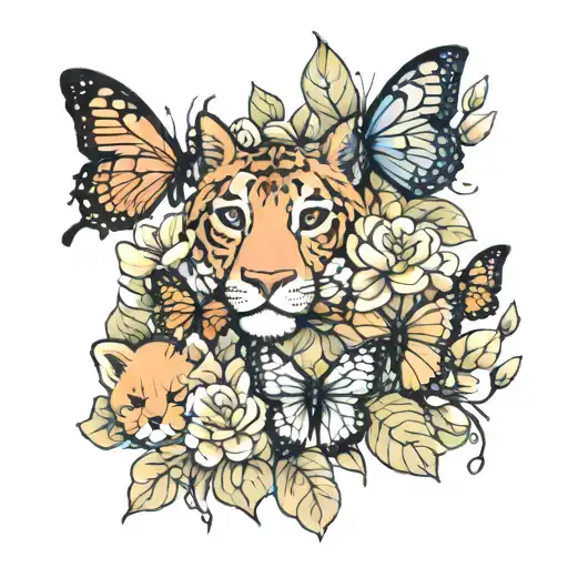 Mother And 3 Cubs Surrounded By Butterflies And Flowers