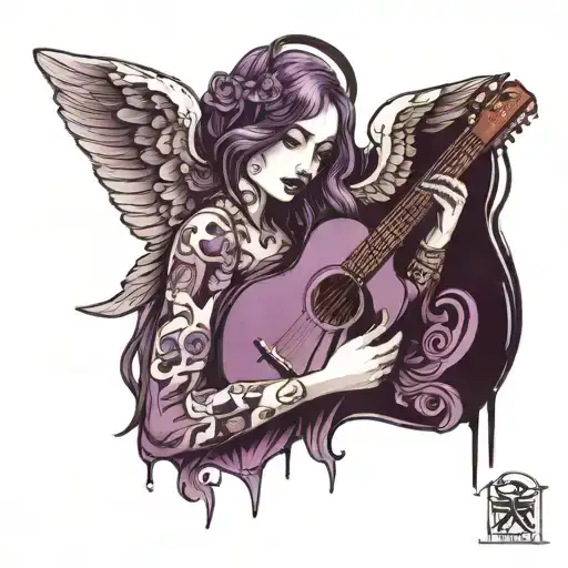 Purple Hallow-body Jazz Guitar Being Hugged By A Female Angel In Black And White