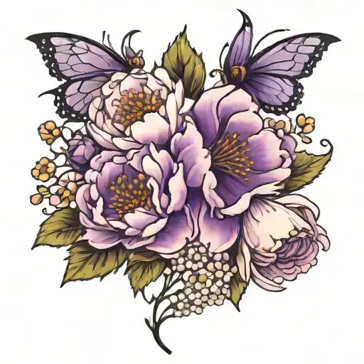 Violet And Peony And Baby's Breath Flowers