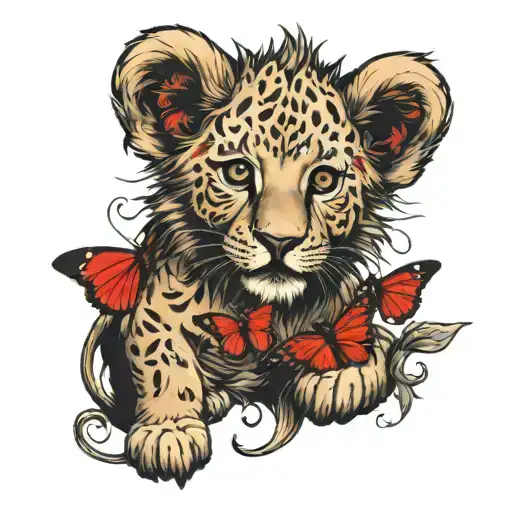 Lion Cub And Red Vutterfly