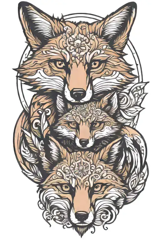 Fox And Little Fox Protected By A Bear