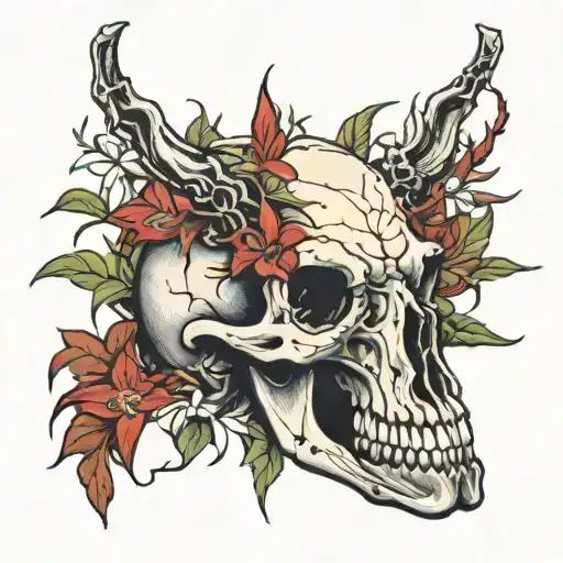 A Horse Skull Laying In A Bush Of Red Spider Lilies