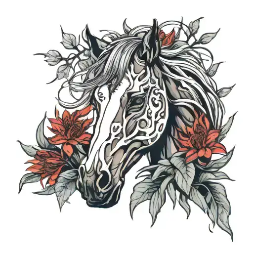 A Horse Head Laying In A Bush Of Red Spider Lilies