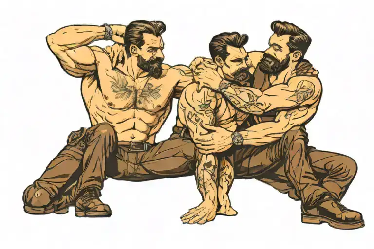 A Tom Of Finland Style Gay Male Muscle Hairy Couple Wearing Leather Gear Embracing